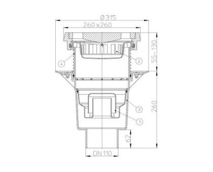 Дворовый трап Hutterer & Lechner Perfekt, верт. выпуск, макс. нагрузка 12,5 т., с обжимным фланцем, со снимаемой насадкой из ПП 55 - 135 мм, DN 110 (Россия) [Арти...