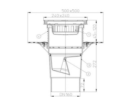 Дворовый трап Hutterer & Lechner Perfekt, верт. выпуск, с полиметбитумным полотном, с решеткой из нерж.стали (до 1,5 т), DN 160