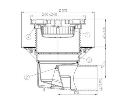 Дворовый трап Hutterer & Lechner Perfekt (гориз.выпуск) с решеткой из ПП (до 1,5т), DN 110 (Россия)