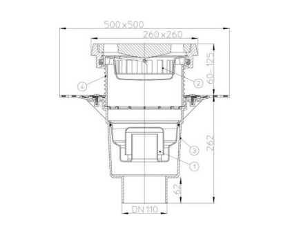 Дворовый трап Hutterer & Lechner Perfekt верт.выпуск (нагрузка до 15 т.), с приваренным битумным полотном d 500 мм, DN 110