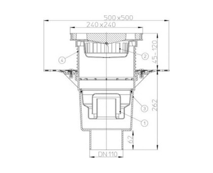 Дворовый трап Hutterer & Lechner Perfekt, верт. выпуск, с сифоном, с приваренным битумным полотном d 500 мм, DN 110