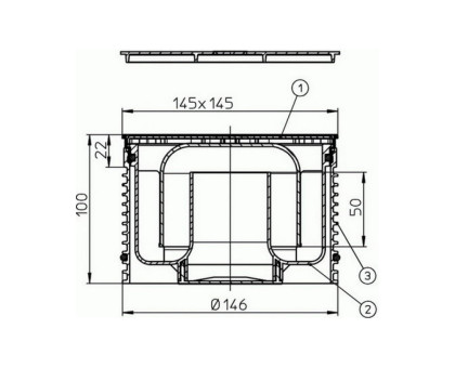 Надставной элемент Hutterer & Lechner с решеткой 138x138 мм и с обычным сифоном, высота 100 мм, DN 146 мм (Россия)